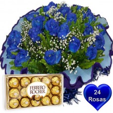 BC13-BUQUE COM 24 ROSAS AZUIS+CHOCOLATE 12UN