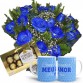 BCC03-BUQUÊ 12 ROSAS AZUIS+CHOCOLATE 8UN+CANECA AZUL"COMO É GRANDE MEU AMOR"