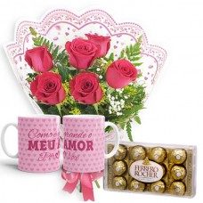 MB57-Mini Buquê com 6 Rosas Vermelhas+Chocolate 12un+1Caneca Rosa "Como é grande..."