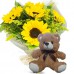 MB74-Mini Buquê com 5 Girassóis+Urso com Laço 25cm