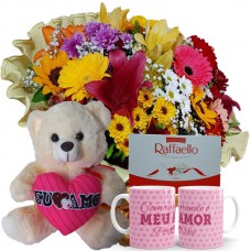 BPCC09-Buquê com Flores do Campo Nobre+Urso 30cm "Eu Te Amo"+Rafaello 9un+1Caneca(Rosa) "Como é Grande o meu..."