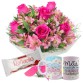 MB98-Mini buque 6 Rosas Pink e Astromélias+1Caneca "Feliz dia das Mães"+Chocolate Rafaello 3un