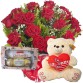 BPC25-Buquê 12 Rosas Vermelhas+Urso Pelúcia "Eu te amo" 30cm+Chocolate 6un (Rafaello e Ferrero)