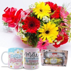 MB94-Mini buque 6 Gerberas coloridas+1Caneca "Feliz dia das Mães"+Chocolate 6un