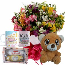 MB99-Mini buque com Astromélias Coloridas+1Caneca "Mãe Rainha"+Chocolate 6un+Urso Pelúcia 25cm (Diversos)