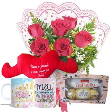 MB107-Mini buquê 6 Rosas Vermelhas+Coração Pelúcia "Como é grande meu..."+1Caneca "Mãe Rainha"+Chocolate 6un