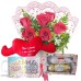 MB107-Mini buquê 6 Rosas Vermelhas+Coração Pelúcia "Como é grande meu..."+1Caneca "Mãe Rainha"+Chocolate 6un