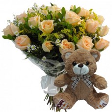 BP14-Buquê 12 Rosas Chá+Urso 25cm com Laço 