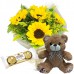 MB75-Mini Buquê com 5 Girassóis+Urso com laço 25cm+Chocolate 3un