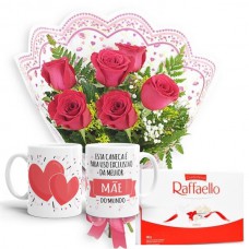 MB53-Mini Buquê com 6 Rosas Vermelhas+1Caneca Exclusiva Melhor Mãe+Rafaello 9un