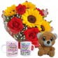 MB91-Mini buque 4 rosas vermelhas e 4 girassóis+Urso 24cm+1Caneca Mulher